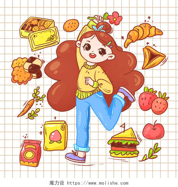 卡通夏天人物食物水果野餐元素贴纸插画